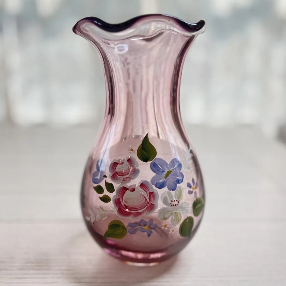 Spring Vase Purple Amethyst Glass Floral Painted Transfer Ruffled Rim Easter